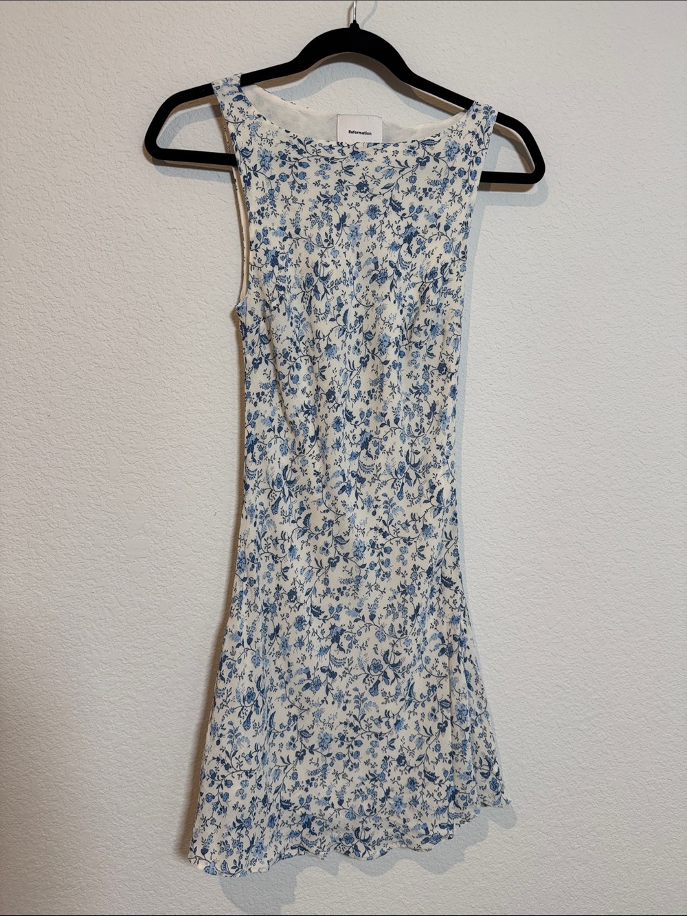 Reformation White Floral Mini Dress with Blue Print